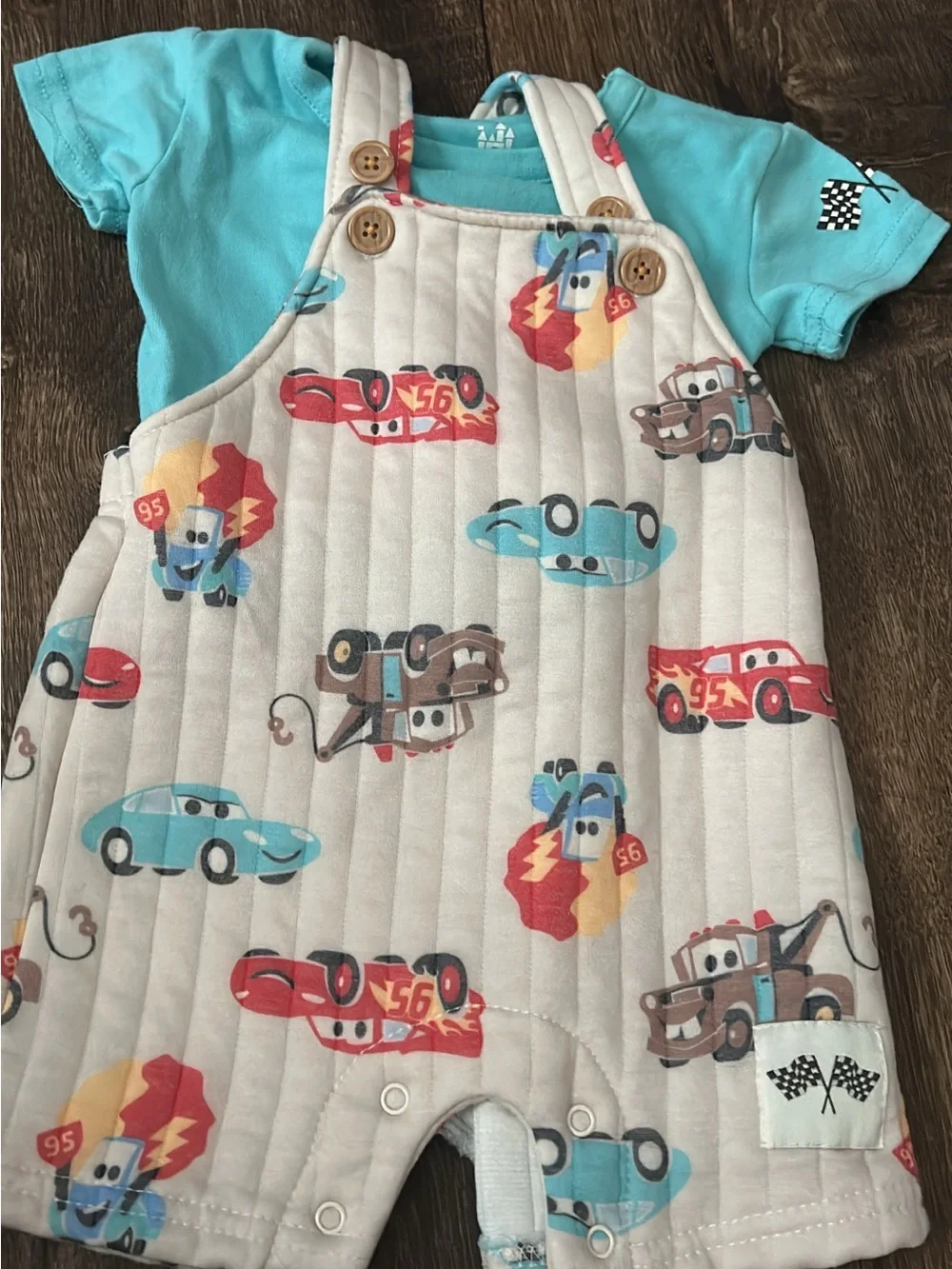 Baby Overalls Set with Red & Teal Car Print